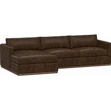 Carmel Slim Square Arm Leather Right Sofa With Wide Chaise Sectional And Wood Base, Down Blend Wrapped Cushions, Vintage Cocoa | Pottery Barn