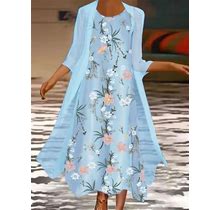Three Quarter Sleeves Floral Printed Loose Weaving Dress Suits Sky Blue/L