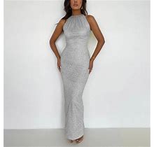 Leey-World Formal Dresses For Women 2023 Womens Deep V Neck Ruffle Sleeve Sheath Casual Party Work Wrap Dress Silver,M