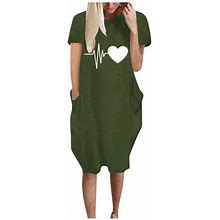 Fhsagq Women's Plus Petite Dresses Women Casual Heart-Shaped Print Dress Round Tie Pocket Short Sleeve Dress Green XXL