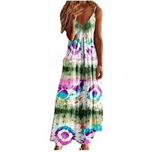 Yubnlvae Dresses For Women, Women Tropical Print Halter Backless Maxi Dress Sleeveless Beach Dress - Green S