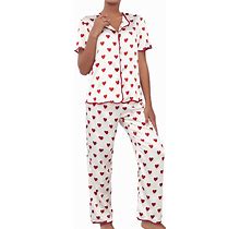 GORGLITTER Women's 2 Piece Heart Print Satin Pajama Set Short Sleeve V Neck Shirt Long Pants Lounge Set