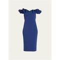 Badgley Mischka Collection Off-Shoulder Bodycon Ruffle Midi Dress, Blue, Women's, 14, Cocktail & Party Wedding Guest Dresses Off-The-Shoulder Dresses
