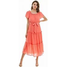 Women's Luxology Short Sleeve Belted Maxi Dress, Size: Small, Med Orange