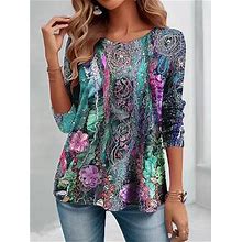 Berrylook Women's Retro Colorful Floral Print Round Neck Casual Long Sleeve Top Online Shopping Sites, Online Shop, Long Short Sleeve T-Shirts,