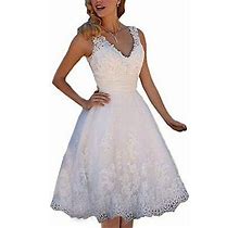 Short Lace Wedding Dresses Knee Length Travel Tulle Rhinestones V-Neck
