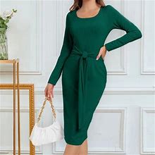 Tianek Womens Dresses Clearance Under $10.00 Long Sleeve Square Neck Solid Color Knee Length Bodycon Dress Formal Ribbed Knit With Belt Long Women Dre