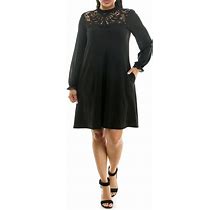 Nina Leonard Lace Yoke Long Sleeve Trapeze Dress - Black - Casual Dresses Size Small
