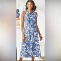 Chadwicks Dresses | Chadwicks Women's Sz 1X Floral Linen Blend Split Neck Midi Dress Pintuck Detail | Color: Blue/White | Size: 1X