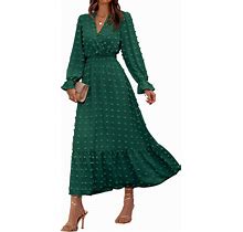 BTFBM Women Fall Dresses 2023 Long Sleeve V Neck Swiss Dots Maxi Dress Boho Long Dress High Waisted A-Line Ruffle Dress