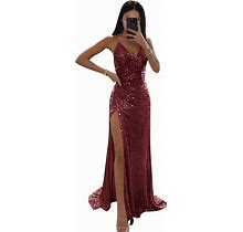 Kissey Prom Sequin Mermaid Prom Dresses For Women Spaghetti Straps Formal Evening Party Gown With Slit
