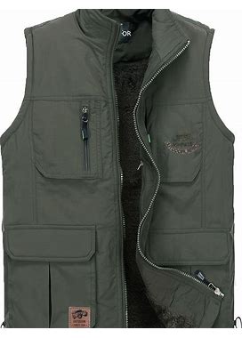 Zipper Pockets Thermal Cargo Vest, Men's Casual Outwear Zip Up Vest For Spring Summer Outdoor Fishing Photography,Army Green,Trending,Temu