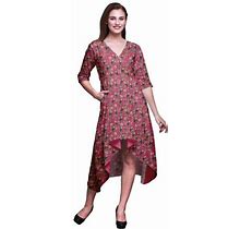 Bimba Cotton Pink Flower Leaves Rinted Womens Asymmetrical Shift Dress With Pockets Casual Midi Dress-X-Large