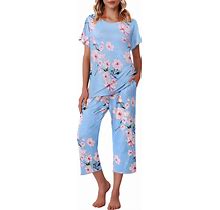 Ekouaer Women's Capri Pajama Sets Floral Print Short Sleeve Sleepwear Top And Capri Pants 2 Piece Loungewear With Pockets