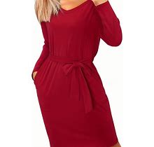 Solid V Neck Dress, Casual Bodycon Long Sleeve Dress For Spring & Fall, Women's Clothing,Burgundy,User-Friendly,Temu