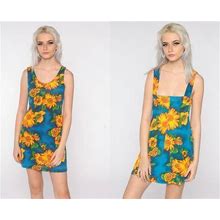 Floral Bodycon Dress Grunge Mini 90S Sheath Sundress Blue Yellow Summer Tight 1990S Body Con Sleeveless Minidress Small Medium
