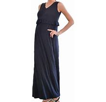 Reoriafee Maternity Maxi Dress Ruffled Trim Dress Maxi Dress Sleeveless Dress Crewneck Sundress Solid Color Dress Blue XL 2024 Fashion Summer Clothing