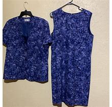 Kasper Dresses | Kasper Short Sleeve Jacket & Sleeveless Dress 14 Blue Floral Rayon Linen Lined | Color: Blue | Size: 14