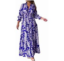 Fashion Long Dress Women Casual Leaves Print Vacation Maxi Dresses V-Neck High Waist Long Sleeve Long Dress
