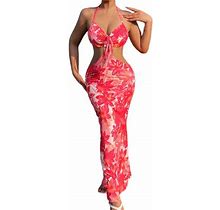 Gwiyeopda Women Floral Sleeveless Backless Halter Cutout Bodycon Slim Long Dress