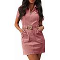 Fisoew Womens Corduroy Zip Up Mini Dress Short Sleeve Belted Cowgirl Dresses For Summer