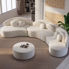 Modern 7 Seat Sectional Sofa Curved Modular Beige Velvet Upholstered With Ottoman