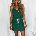 Usmixi Summer Dresses For Women Elastic Waist Pocket Spaghetti Strap Tank Mini Dresses Sleeveless V-Neck Solid Short Sun Dress Green L