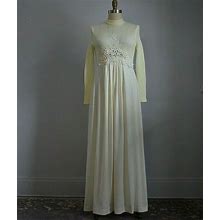 Vtg 70'S Cream Maxi Dress W/ Knit Ribbed Top & Sheer Embroidered Front