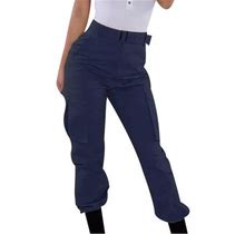 Ovbmpzd Women's Casual Solid Cargo Pants Buttons Elastic Waist Comfortable Straight Pants Loose Baggy Overalls Trousers Blue S