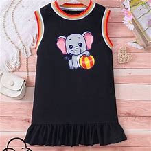 Cartoon Elephant With Volleyball Graphic Print, Girls' 95% Cotton Crew Neck Dress For Summer, Casual Sleeveless Clothes For,Black,Handpicked,Temu