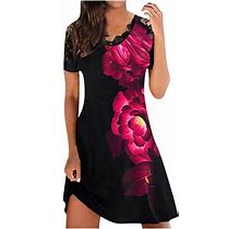 Womens Casual Short Sleeve Printing V Neck Lace Dress Sexy Summer Boho Floral Formal Sundresses Wedding Guest Prom Bodycon Cocktail Dresses A68-40506