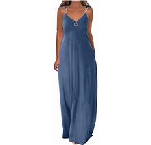 Ovbmpzd Summer Dresses For Women Casual Boho Solid Hoop Sling Beach Long Maxi Dress With Pockets Navy S