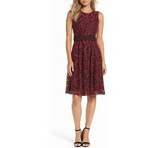 Taylor Magenta Floral Lace Fit Flare Embroidered Band Black Dress