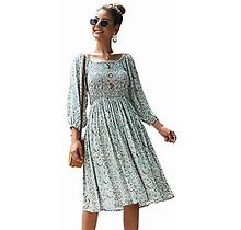 FUHUANDA Women's Casual Floral Dresses Square Neck Long Sleeves Boho Swing A-Line Dress (S, Green)