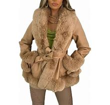 Pudcoco Women's Faux Leather Jacket With Faux Fur Collar Long Sleeve Parka With Pockets Warm Winter Coat With Belt