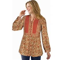 Plus Size Women's Button-Front Mixed Print Tunic By Woman Within In New Khaki Rose Garden (Size 4X)