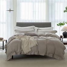 ELIMMO Duvet Cover Set Linen Texture 100% Cotton Fabric Durable Breathable Natural Dreamy Chic Feel (Hemmed Beige Grey, Queen)