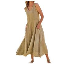 Yubnlvae Womens Dresses Women's Casual Solid Cotton Linen A-Line Dress Sleeveless Pocket Loose Dress - Khaki M