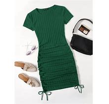 Yundai Women's Dark/Green Dark Green Casual Women S Plus Drawstring Side Rib Knit Bodycon Dress 3XL(18) Y22003d Size 7