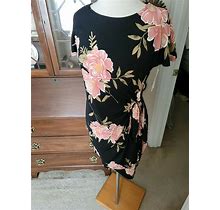 Signature By Robbie Bee Sz Petite M Black Pink Green Floral Wrap Dress