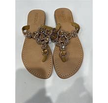 Mystique $250Rt Rose Gold Crystal Jeweled Leather Thong Flat Sandals