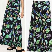 Zara Tropical Floral Wide Leg Pants MEDIUM Ruffle Hem Multi Color Hawaiian MED