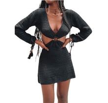 Centuryx Women's Long Sleeve Knitted Bodycon Dress Deep V Neck Backless Mini Dress Cut Out Crochet Beach Sundress Black L