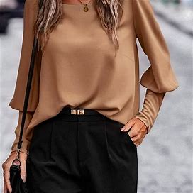 Plus Size Solid Color Crew Neck Blouse, Women's Button Back Casual Crew Neck Long Sleeve Spring Clothing Blouse,Khaki,Handpicked,Temu
