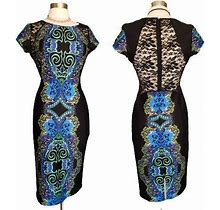 Women's Black Midi Dress Lace Back Sheath Blue Paisley Print Elegant