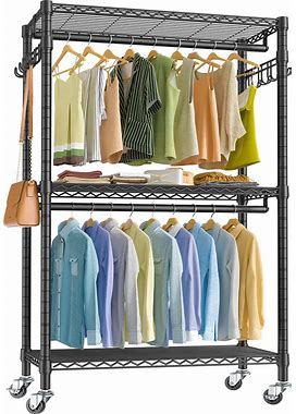 VIPEK V12 Heavy Duty Rolling Garment Rack 3 Tiers Adjustable Wire Shelving Clothes Rack With Double Rods And Side Hooks, Freestanding Wardrobe
