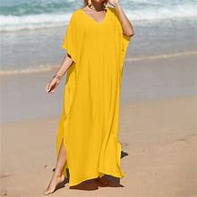 Qazqa Women's Kaftan Dresses Swimsuit Cover Up Long Maxi Dress Ladies Casual Loose Caftan Dinner Party Holiday Summer Beach Dresses Yellow One Size