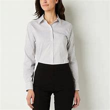 Liz Claiborne Wrinkle Free Womens Long Sleeve Regular Fit Button-Down Shirt | White | Petites Petite Small | Shirts + Tops Button-Front Shirts