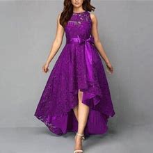 Bebutton Womens Summer Elegant Tight Solid Ruffle Dresses Plus Size Round Neck Sleeveless Maxi Lace Dresses Purple L