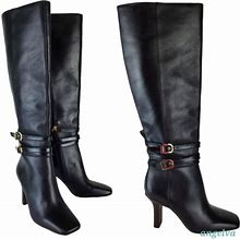Louise Et Cie Yancey Buckle Strap Knee High Heeled Leather Boots Black